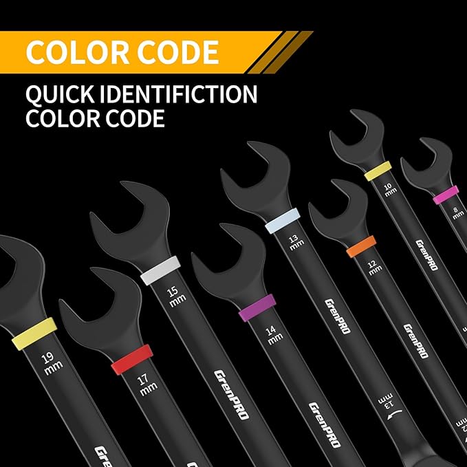 Ratcheting Wrench Set Metric And Standard, 9PC 8-19 mm 72Th Long Big Box Open End Ratchet Wrenches Organizer With Color Ring With Roll Up Pouch With 1 Gauge, Large Combination Wrench Tool Sets
