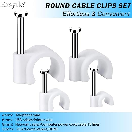 Cable Wire Clips 4mm 6mm 8mm 10mm (Pack of 200) Cable Management RG6 RG59 CAT5 CAT6 RJ45 Electrical Ethernet Dish TV Speaker Wire Cord Tie Holder Single Coaxial Nail Clamps