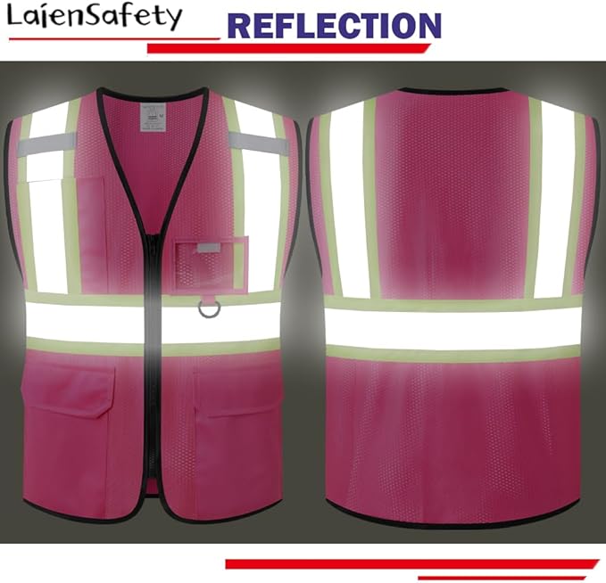 Safety Vest for Men Women Reflective with Multiple Pockets Mesh High Visibility Construction Work Vest,Meets ANSI/ISEA Standards(EK1-178-Pink-M)