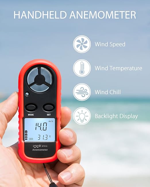 Wintact Handheld Anemometer, Digital Wind Speed Meter Gauge, Air Flow Velocity Tester with Measuring Wind Temperature 14℉ to 113℉ for HVAC Duct Outdoor Kite Boat Sailing Surfing (WT816)