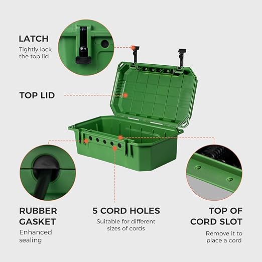 WELKIN Heavy-Duty Outdoor Electrical Box (15.3 * 5.4 * 8.9 inch), IP54 Weatherproof Waterproof Extension Cord Cover, Protect Outlet, Plug, Timer, Power Strip, Holiday Lights (Green)