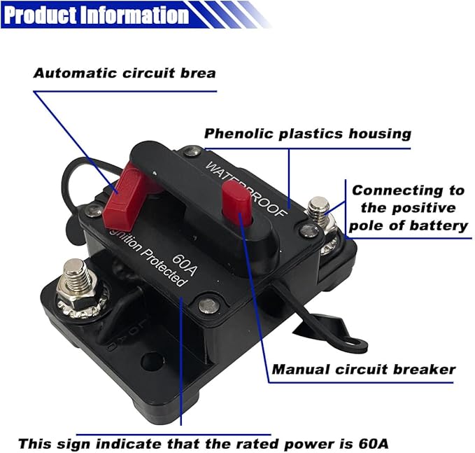 60Amp Circuit Breaker, DC 12V-48V Waterproof Inline Fuse with Manual Reset Switch, for Boat Trolling Motor Stabilizer Marine ATV Solar System Stereo Audio Trailer Vehicles Electronic Battery