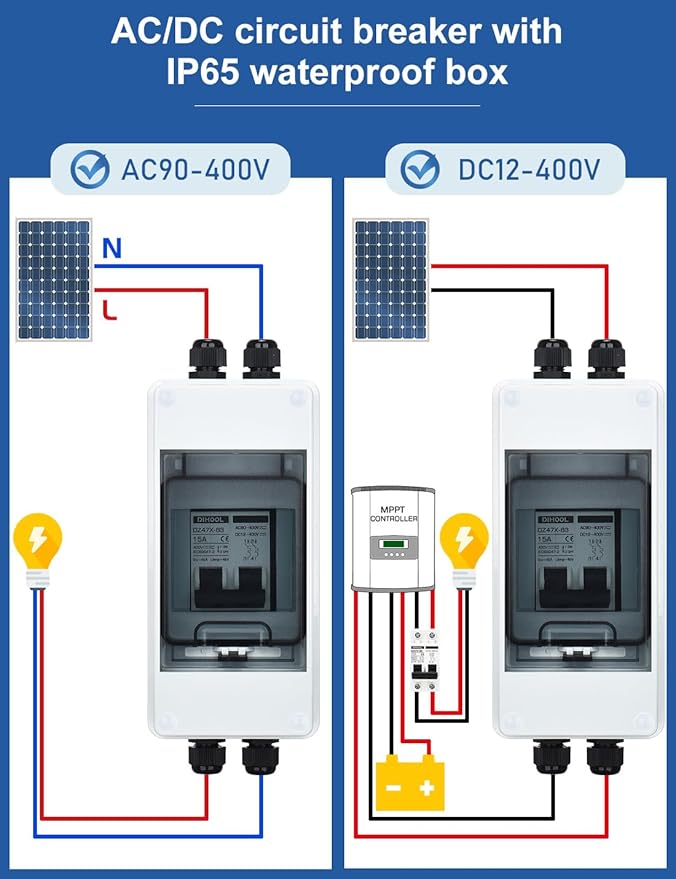 DIHOOL AC DC Circuit Breaker with IP65 Din Box for Solar Systems, 15 Amp 2 Pole 12V-400V, Non Polarized, Solar Panel Disconnect Switch, PV Array Shut Off Isolator