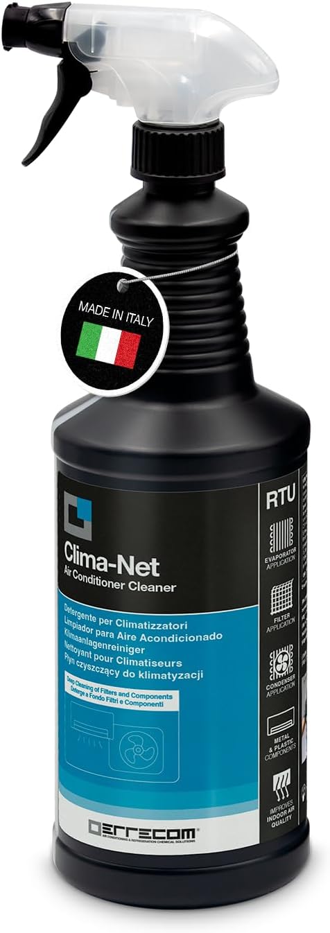 ERRECOM Clima-Net, Air Conditioner Cleaner for Central AC and Split AC, Cleans Air Ducts, AC Filters, Evaporator/Condenser Coils, Improves Airflow and Indoor Air Quality, 1 L Bottle (34 fl oz)