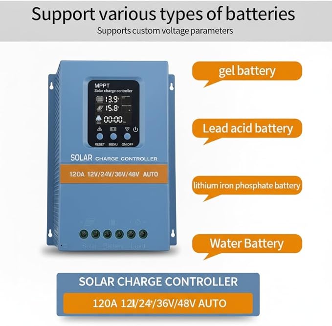 Solar Charge Controller 120A 12V 24V 36V 48V Intelligent Recognition LCD Display Battery Intelligent Regulator Maximum 100V Input Dual USB for Lead Acid/Lithium Battery (SA120A)