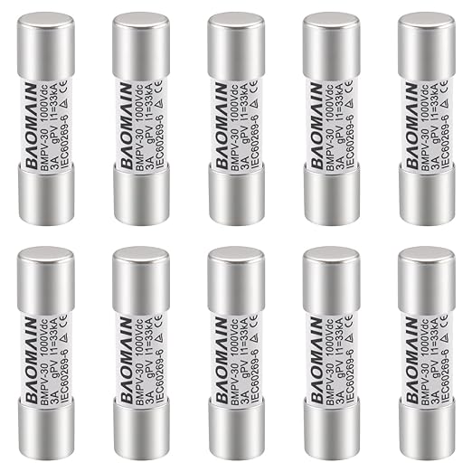 Baomain 10-Pack gPV Solar PV Fuse 3A 1000V DC, 10x38mm, 33kA Breaking Capacity, CE Listed for Photovoltaic Systems, Combiner Boxes (3 Amp.)