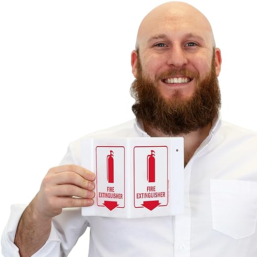 SmartSign (4-Pack) Fire Extinguisher Projecting Sign - 5" x 6", Two-Sided Wall Mount Polished Acrylic Corridor V-Sign with Down Arrow, Red on White