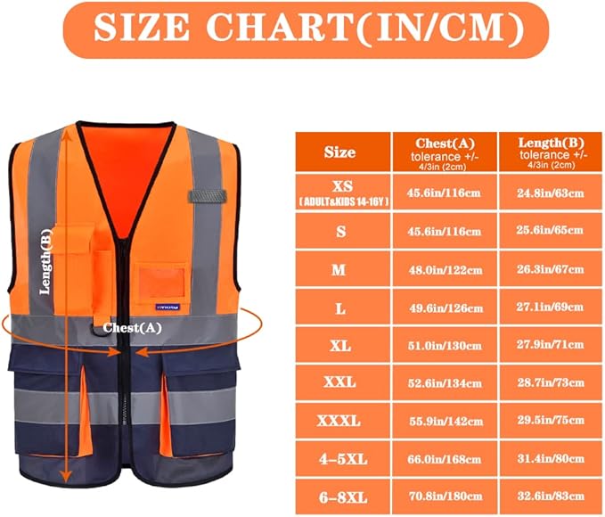 A-SAFETY High visibility vest,Reflective Safety Vest Workwear 7 Pockets Hi Vis Durable Vest with Reflective Tapes 4 Lower Pockets,Orange&Navy XL