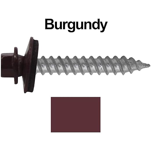 Metal Roofing Screw: (250) 12 x 1-1/2" Burgundy Hex Sheet Metal Roof Screw. Sharp Point Metal to Wood siding Screws. 5/8" EPDM Washer.