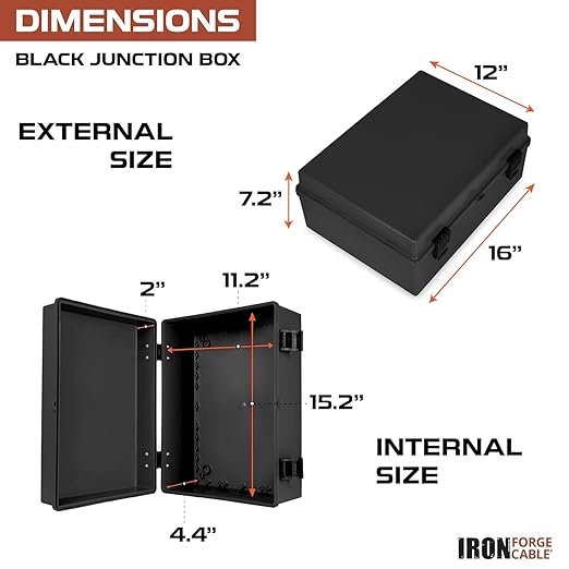 Iron Forge Cable Waterproof Junction Box Extra Large - Outdoor Enclosure with Accessories, Hinged Black Panel Cover - IP65, 16"x 12"x 7.2"Inch