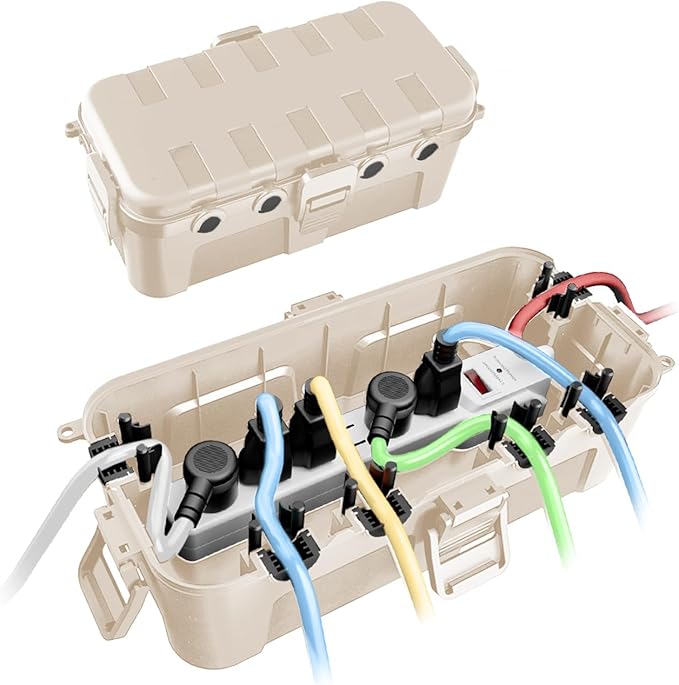 QUOBAS 2 Pack Outdoor Waterproof Electrical Box with 6 Cable Ports, IP54 Weatherproof Heavy-Duty Extension Cord Cover for Power Strips, Garden Power Tools, Holiday Lights, Almond