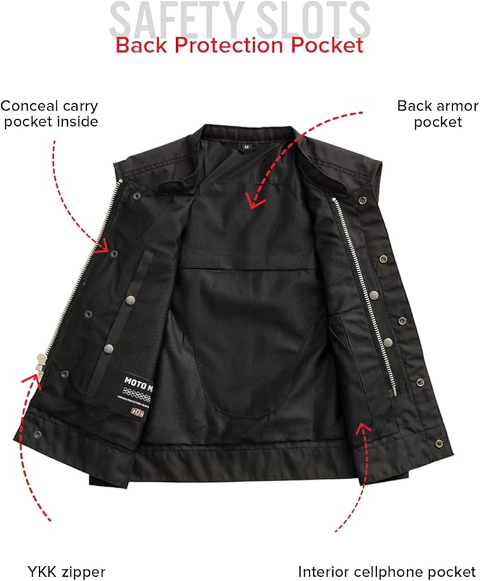 First Mfg Co Lowrider Mens Motorcycle Biker Riding Armor Club Style Black Leather, Twill, Moto Mesh, Perforated Vest