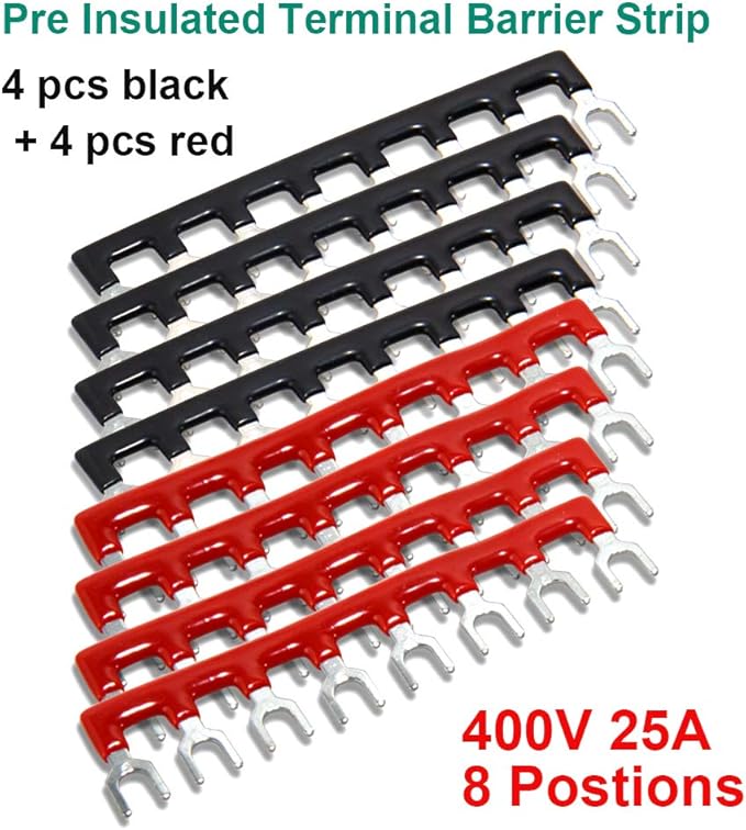 MILAPEAK Terminal Block and Strip - 4 pcs 8 Positions 600V 25A Dual Row Screw Terminals Strip with Cover + 8 pcs 400V 25A 8 Positions Pre-Insulated Terminal Barrier Jumper Strips Black & Red