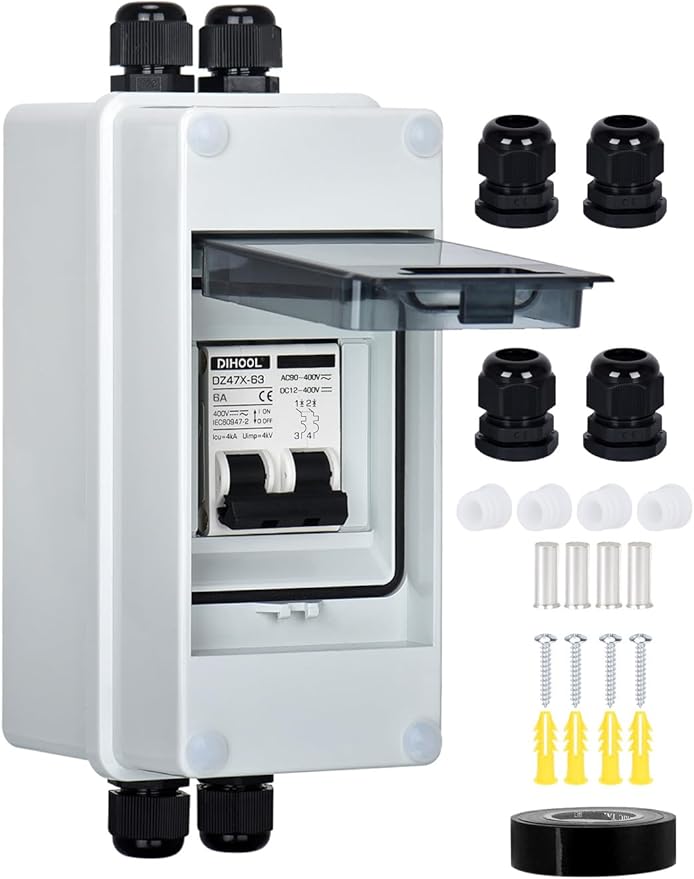 DIHOOL AC DC Circuit Breaker with IP65 Din Box for Solar Systems, 6 Amp 2 Pole 12V-400V, Non Polarized, Solar Panel Disconnect Switch, PV Array Shut Off Isolator