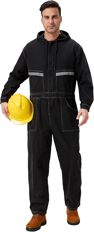 Mens Denim Work Coveralls with Hood Heavy Duty Work Jumpsuit Loose Fit Coverall Hi Viz Mechanic Jeans Overalls