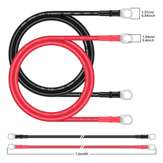 Battery Cable - iGreely 8 AWG 8 Gauge Wire Made with Tinned Copper Wire Battery Power Inverter Cables with Terminals for Solar Panel Trolling Motor Automotive Motorcycle RV Marine Boat 4ft/1.2m
