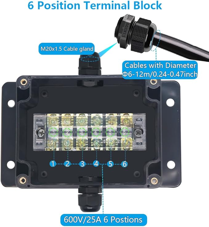 Project BoxI P67 Outdoor Waterproof Box Electronic Junction Box with 25A 600V 6P Barrier Terminal 1IN/1Out Electrical Boxes 4.5x3.5x2.12 inch