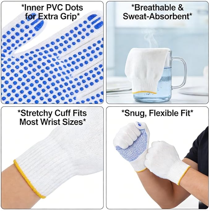 Qugzegx 12 Pairs Cotton Polyester Knitted Gloves, Grip Safety Work Gloves Anti-slip Dots Bulk Gloves For Painter Mechanic Warehouse Construction Men and Women, Medium Size