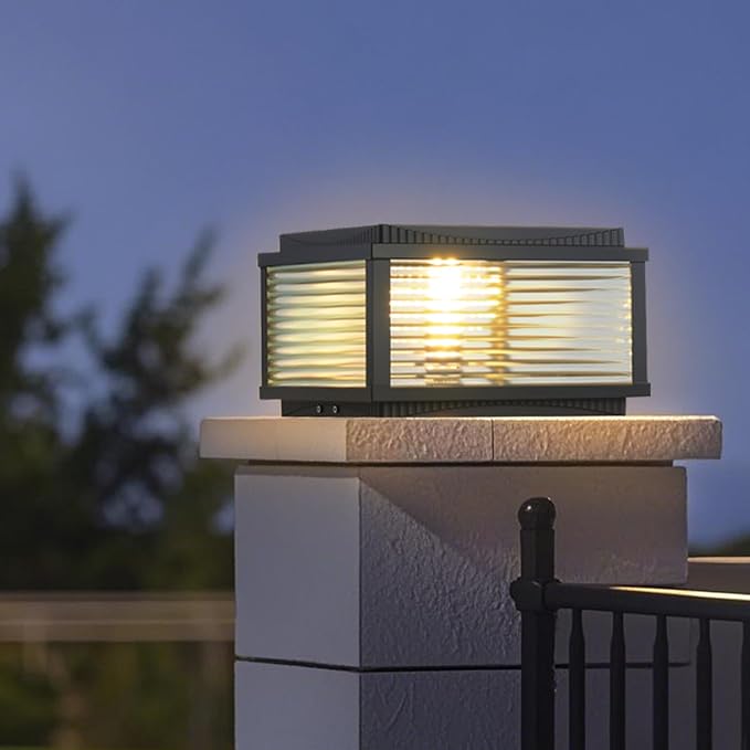 Outdoor Solar Column Lights Modern Tri Color Dimming Solar Post Cap Lights IP65 Waterproof Fence Deck Column Cap Light External Post Lights Aluminum Pillar Light Landscape Lighting Fixture