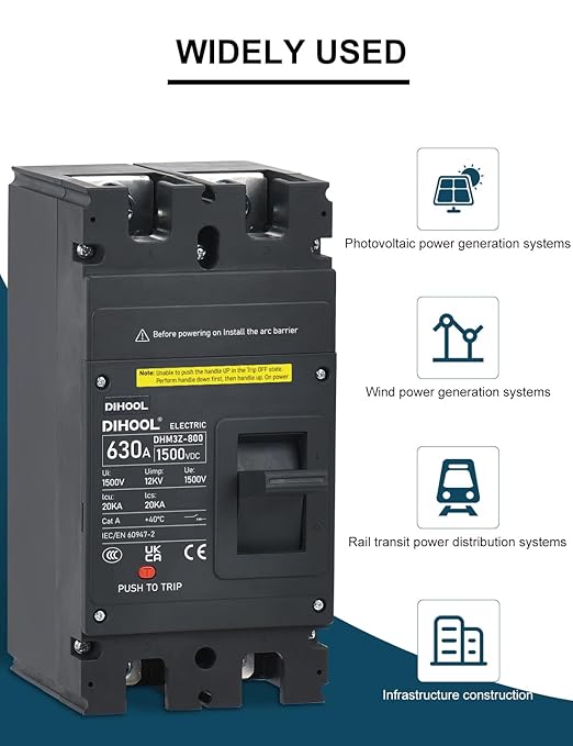 DIHOOL 630 Amp DC Circuit Breaker,2P 1500V 20kA,Heavy Duty Battery Disconnect Switch with Thermal Magnetic Trip for Solar System