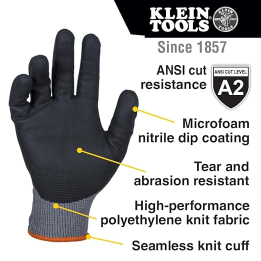 KLEIN TOOLS 60586 Work Gloves, Knit Dipped Cut Resistant ANSI A2 Nitrile Coated Gloves, HPPE Fabric, Touchscreen Capable, X- Large, 2-Pair