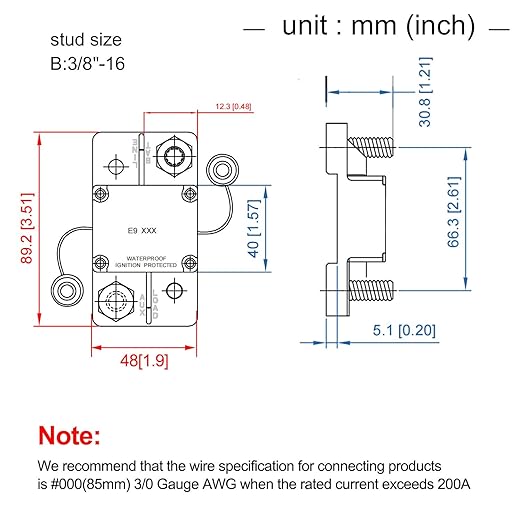 Hi-Amp 3/8“ Studs 300A Circuit Breaker Auto Reset No Switch Button for Marine Boat, Car Audio, Solar System, Battery Protection 12V-32V DC IP67