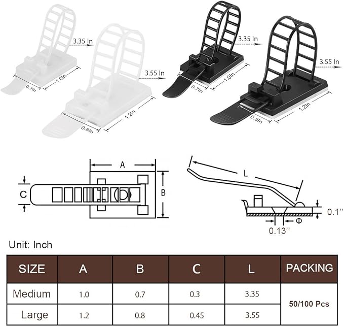 100Pcs Adhesive Cable Management Clips with 50Pcs Zip Ties, Adjustable Nylon Cable Strap Ties Wire Clips Clamps Organizer, Extra Screw & Hole - 3.35 Inch White