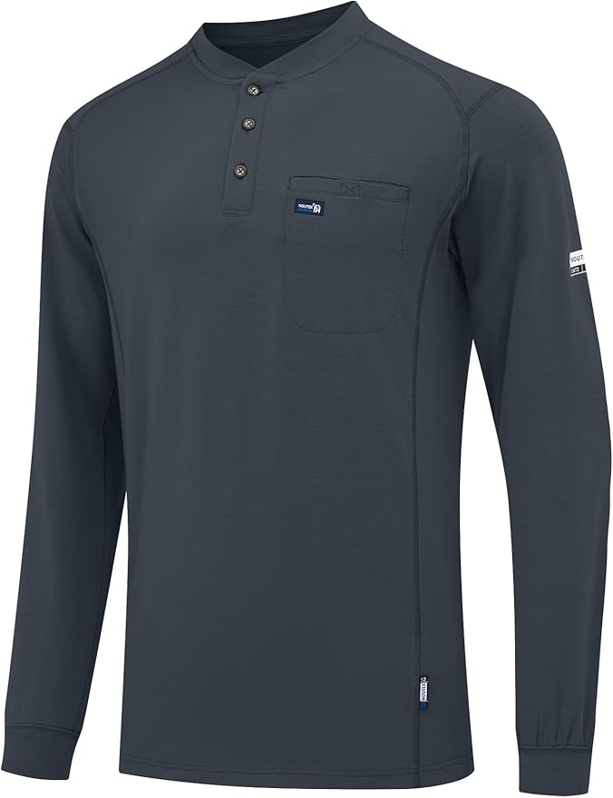 FR Shirts for Men 6oz Lightweight Stretch Work Shirt Flame Resistant Long Sleeve Henley Shirt CAT2