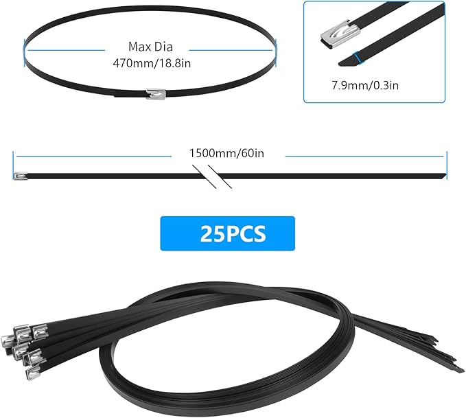 Metal Zip Ties Black 60 inch 408LB 25pcs Heavy Duty 304 Stainless Steel Epoxy Coated Locking Cable Exhaust Wrap Multi Purpose Binding for Machinery, Vehicles, Farms, Cables, Pipes,Fence