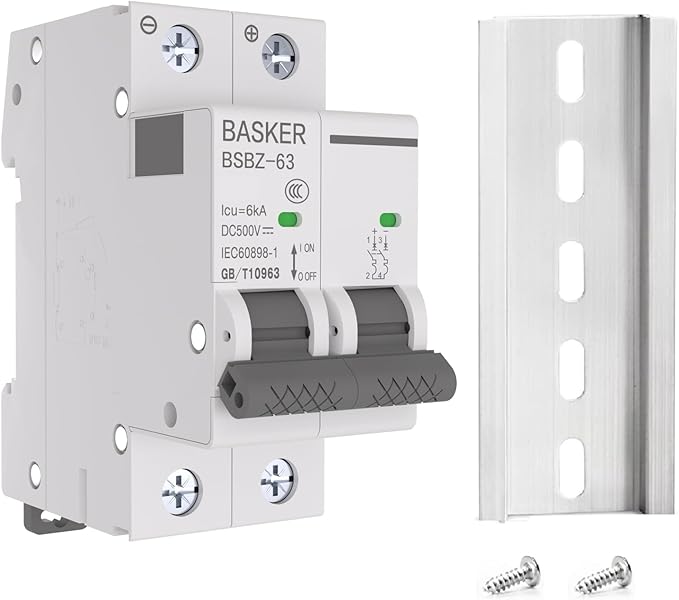 BASKER DC Circuit Breaker, 16 Amp 2 Poles 500V Solar Disconnect Switch for Solar PV System Solar Panels Grid System,Thermal Magnetic Trip,DIN Rail Mount, DC Breaker MCB (16A)