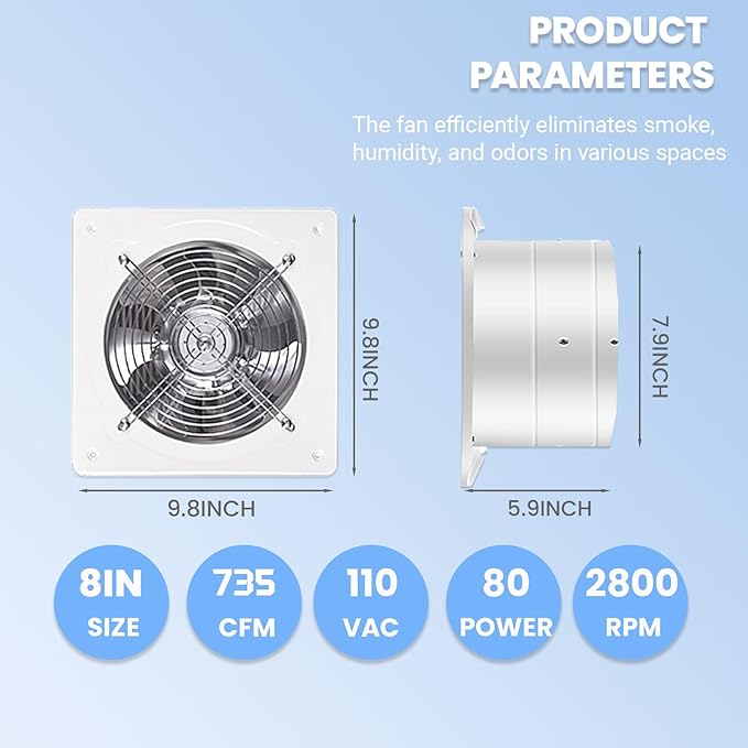 8 inch Exhaust Fan, 735CFM Wall Mounted Vent Fans, Ventilation Blower for Ceiling Bathroom Attic Window Basement Ventilation Fan, 110V 80W