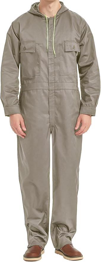 Mens Cotton Blend Long Sleeve Coverall Multi Pockets Zip Overall Mechanic Work Jumpsuit with Hood