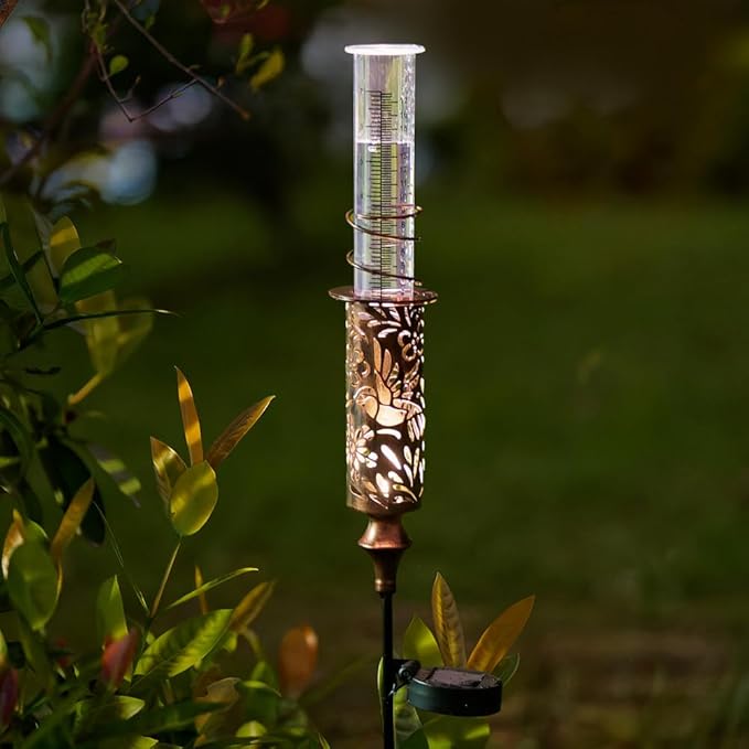 Rain Gauge Outdoor, Hollow Out Hummingbird Solar Rain Gauge, 7 Inch Tube Rain Measure Gauge with Stake, Decorative Metal Rain Measure Tool for Yard, Lawn Ornaments