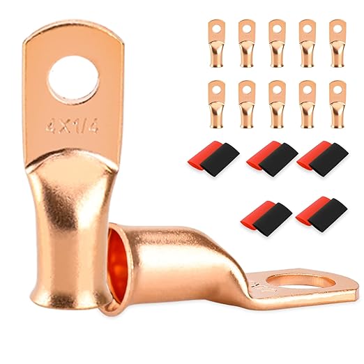10 PCS Battery Terminal Connectors, Battery Cable Ends Lugs, 4 Gauge Wire Connectors, 4 AWG 1/4" Stud Ring Terminals, Copper Wire Lugs with Heat Shrink Tubing.