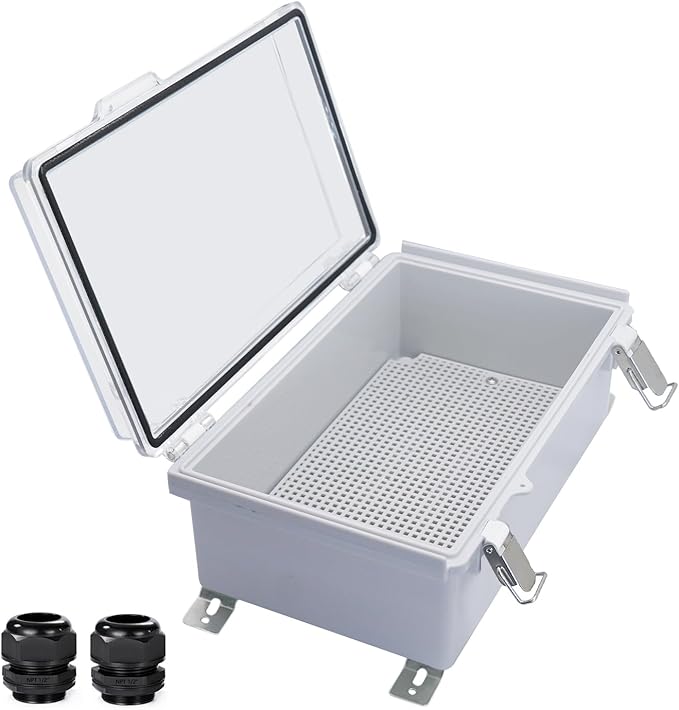 Waterproof Outdoor Electrical Box Junction Box Weatherproof IP67 ABS Plastic Enclosure Switch Router Project Box with Mounting Plate with Wall Bracket 2 Cable Glands Clear 10.23" x 6.3" x 3.94"