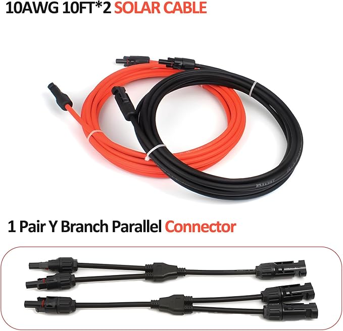 10FT 10AWG Solar Extension Cable with Female and Male Connector with Extra Free Pair of Solar Y Connector Adaptor Kit for Home, Ship and RV Solar Panels