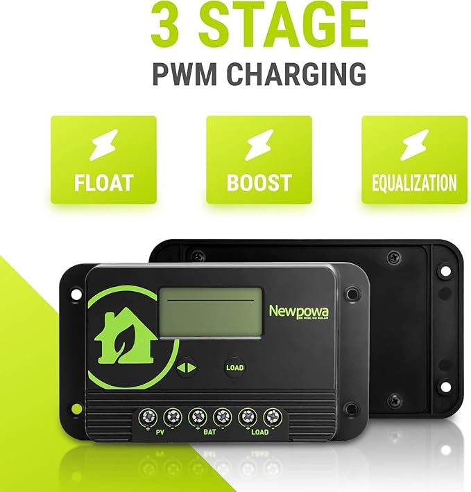 Newpowa 10A Solar Charge Controller - 12V/24V PWM Compact Design LCD Display Off Grid Solar Panel Adjustablefor AGM, Gel, Flooded and Lithium Battery
