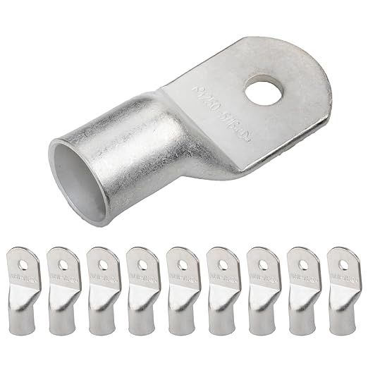SELTERM 10pcs 250 MCM-5/16" Stud Tinned Copper Wire Lugs, Heavy Duty Battery Cable Ends,250 kcmil Ring Terminals, UL Battery Lugs Marine Grade Copper Eyelets Electrical Battery Terminal Connectors