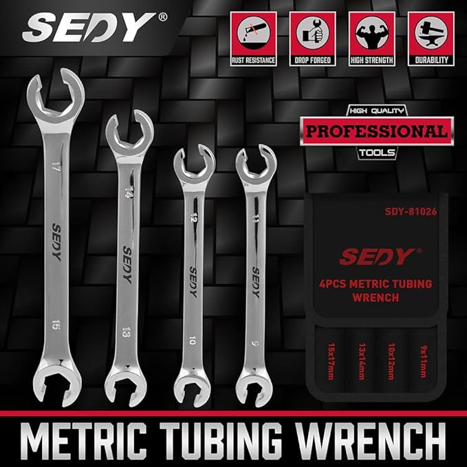 SEDY 4-Piece Flare Nut Wrench Set, Offset End Spanner Metric 9 10 11 12 13 14 15 17mm, CR-V Steel Storage Pouch Repair and Remove Nuts on Fuel Tube Hose Transmission Line