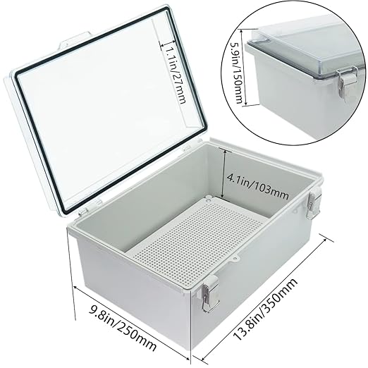 Junction Box, Hinged Clear Cover Stainless Steel Latch IP67 Waterproof ABS Project Box with 2 Cable Glands,Electrical Box Enclosure with Mounting Plate & Wall Bracket 13.8x9.8x5.9inch