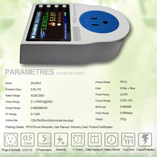 PR10-E US15A Power Meter Plug/Home Power metering Socket/watt Meter/2.4 inch TFT Color LCD/0.5FS(New)