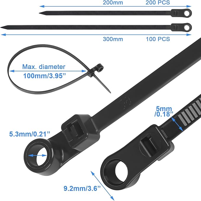 300 Pack Zip Ties with Screw Holes 12” & 10” 90 lbs Mounting Cable Ties, Black & White for Secure Indoor Outdoor Organization, Wire Ties with Screw Hole for Garage, Garden, Cable Management