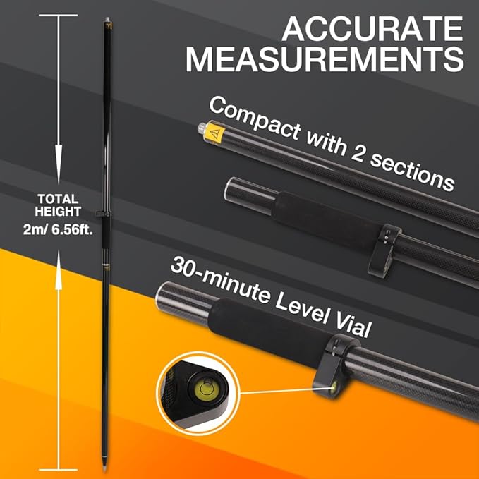 Carbon Fiber 2M 2Section Survey Pole, GPS Rover Rod 6.5FT/2M 2Sections Design for Land Surveying & Engineering – RTK GPS/GNSS Accessory –Includes Level Vial & Carrying Bags (GLS22-B)