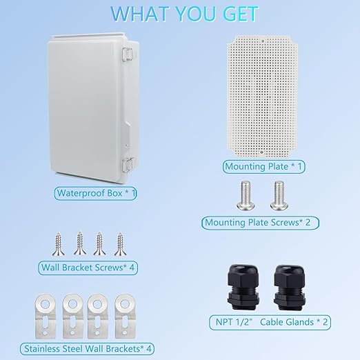 IP67 Waterproof Junction Box, ABS Plastic Electrical Enclosure with Stainless Steel Latch, Hinged Cover Electric Box with Mounting Plate, Wall Brackets & Cable Glands 260x160x100mm