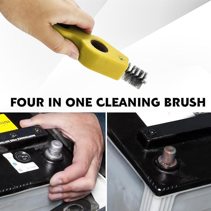4 in 1 Car Battery Cleaning Brush, Battery Terminal Brush, Anti-Rust Auto Battery Cleaner with Steel Wire, Car Accessories Vehicle Machine Parts Cleaning Tools Fit for Auto Marine (Yellow)
