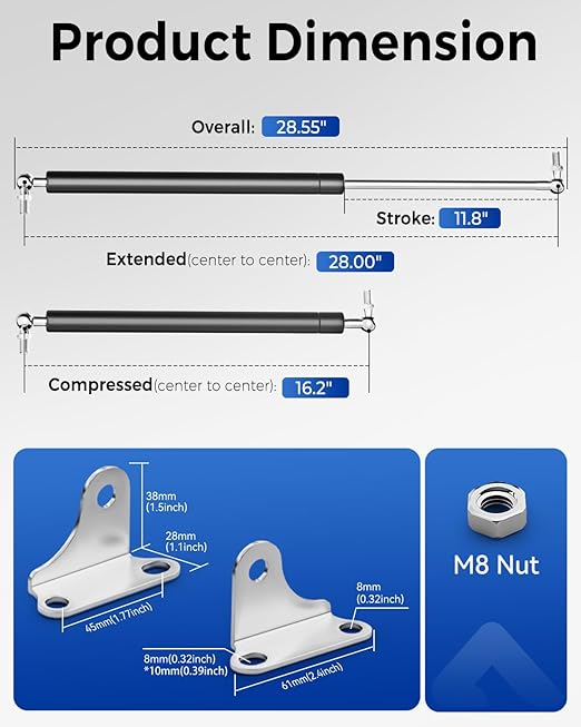 ARANA Gas Struts 28 inch 100lb with Brackets (2 Pack) - Heavy Duty Lift Support for RV Bed Hatch & Storage Box Lid - Hydraulic Spring Shocks for Camper Bed, Cellar Door, Food Truck Window