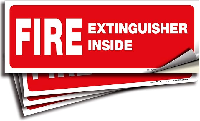 iSYFIX Fire Extinguisher Inside Signs Stickers – 4 Pack 8x3 Inch – Self-Adhesive Vinyl Decals, Laminated for UV, Weather, Scratch, Fade Resistance, for Cars, Trailers, Rv's, Trucks and Vehicles