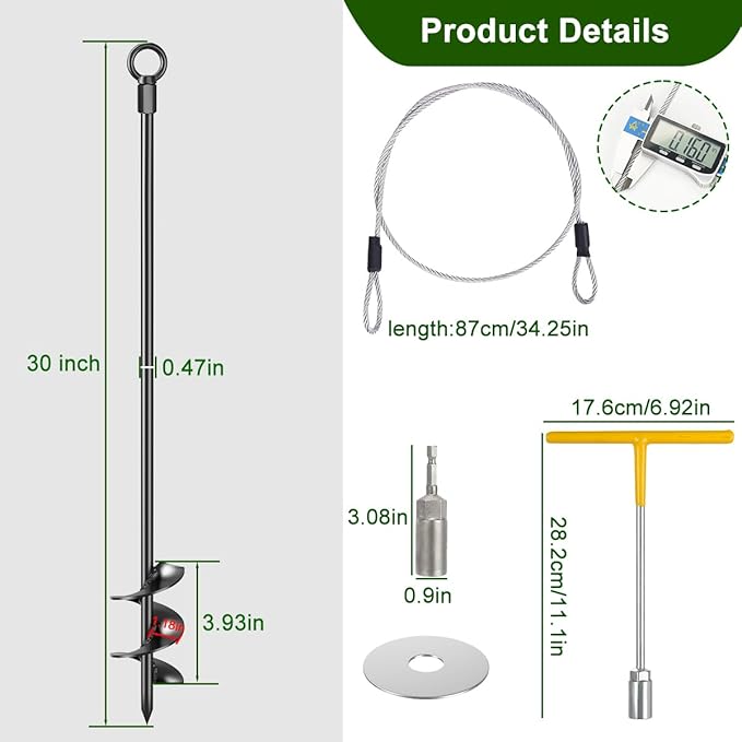 2 Pcs 30" Ground Anchors Shed Anchors Kit Heavy Duty 12mm Solid Steel, Triple-Turn Helix Earth Anchors for Sheds, Carport, Canopy, Gazebo, Trampoline, Mobile Home