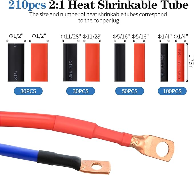 Cable Lug Crimping Tool with 180pcs Copper Wire Lugs, 210pcs Dual Wall Adhesive Heat Shrink Tubing, Wire Crimping Tool for AWG 10-1/0 Electrical Lug Crimper