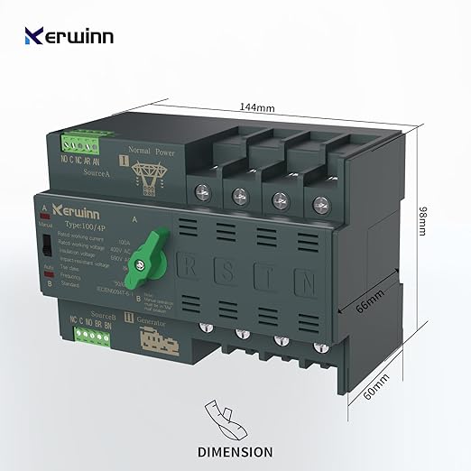 Mini ATS Automatic Transfer Switch 100 amp Manual Power Transfer Switch 220V Dual Power Electrical Selector Switches DIN Rail Mount (4P)